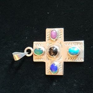Vintage 925 Sterling Mexico Cross Pendant Multi Gem Stones Beautiful